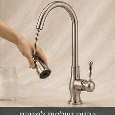 ברז מטבח עם ראש נשלף המוחזק מעל הכיור